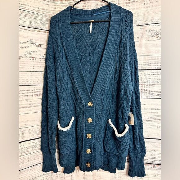 Free People Sweater Womens Sz S Montana Cable Cardigan Cotton Blend oversized - Picture 3 of 14